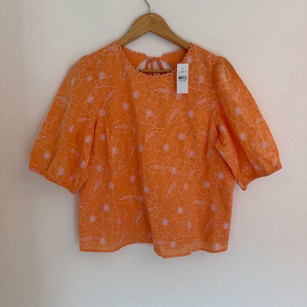 LOFT Floral Embroidered Blouse Women Large Orange Puff Sleeve Open Back New